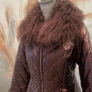 Trussardi Jeans winter puffer jacket with removable fur collar. 42 IT Bordeaux